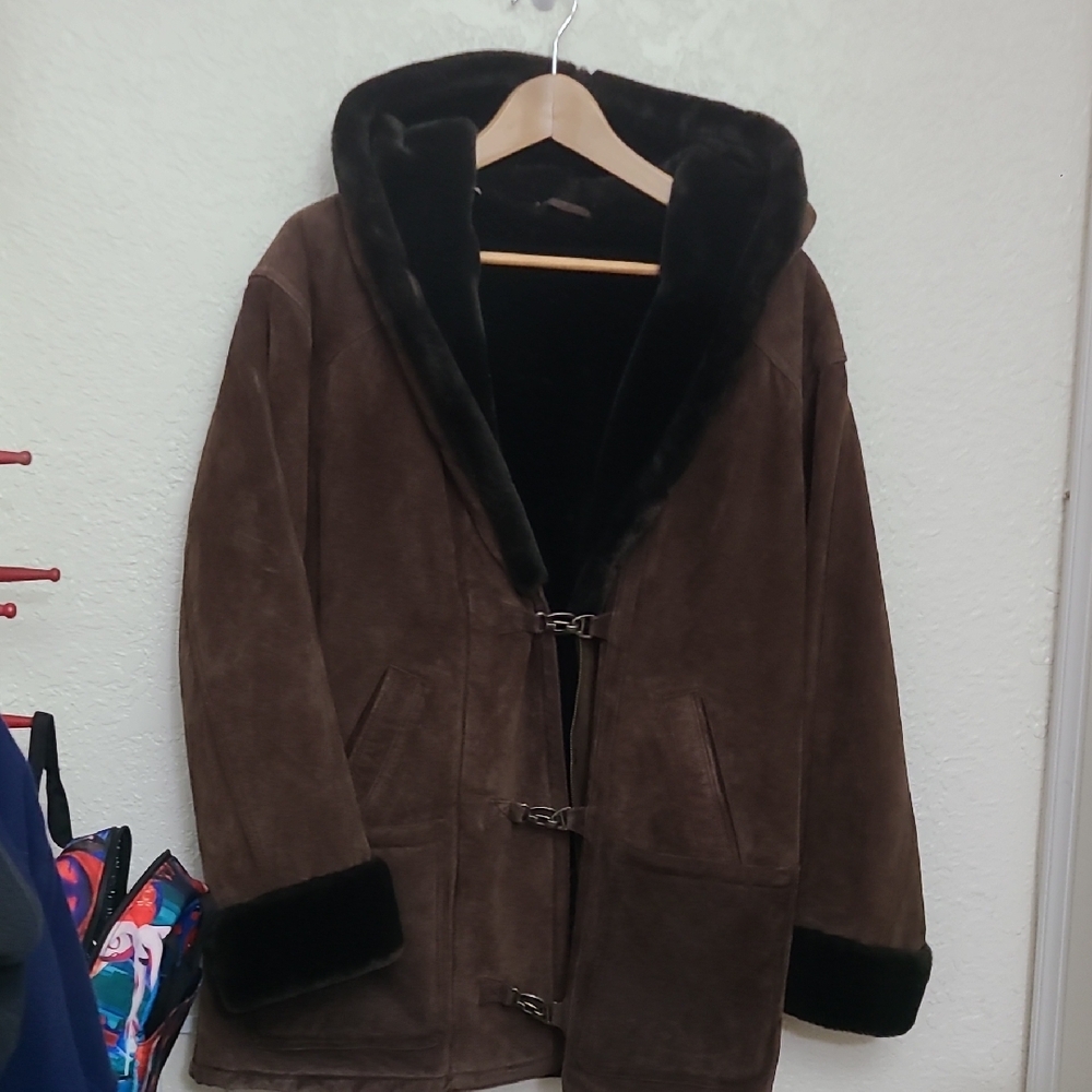 Brown Hooded Coat with Black Trim